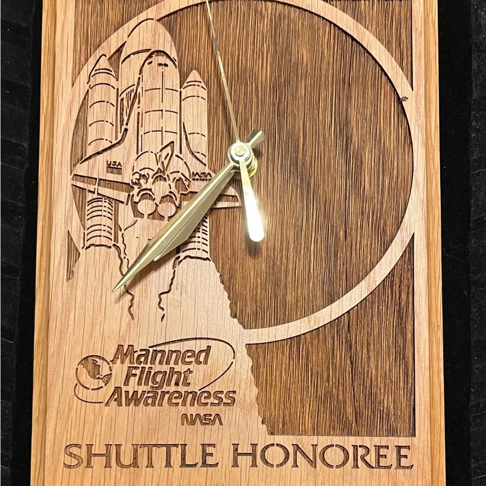 NASA Mannned Flight Awareness Wooden Shuttle Honoree Wall Clock Brown & Gold